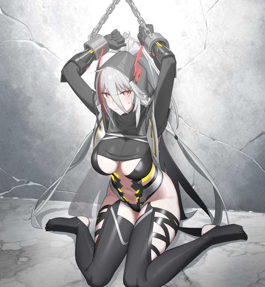 1girl, absurdres, arms_up, black_cape, black_gloves, black_leotard, black_shrug, black_thighhighs, bound, bound_wrists, breasts, cape, center_opening, cleavage, commentary_request, frown, full_body, gauntlets, gloves, grey_hair, hair_between_eyes, high_ponytail, highres, hood, hood_up, hooded_cape, kopezo, large_breasts, leotard, long_hair, looking_at_viewer, navel, no_mask, no_shoes, orange_eyes, paid_reward_available, ponytail, restrained, shadow, shadow_(starward), shrug_(clothing), sidelocks, sitting, skindentation, solo, starward, stomach, sweat, thighhighs, wariza