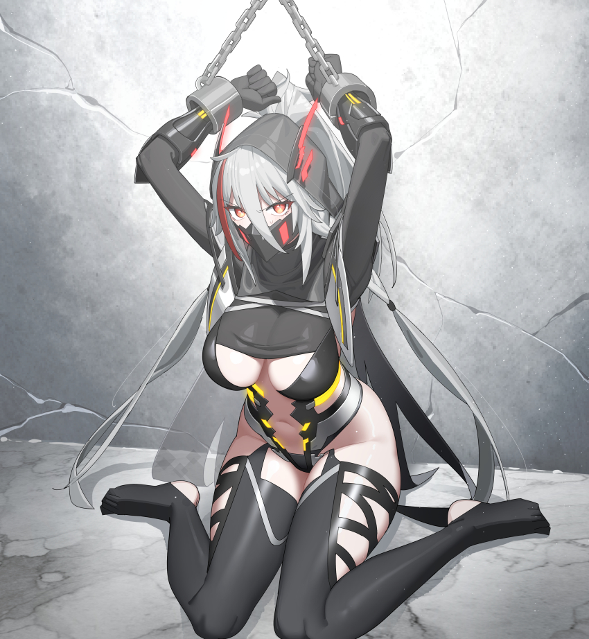 1girl, absurdres, arms_up, black_cape, black_gloves, black_leotard, black_mask, black_shrug, black_thighhighs, bound, bound_wrists, breasts, cape, center_opening, cleavage, commentary_request, covered_mouth, full_body, gauntlets, gloves, grey_hair, hair_between_eyes, high_ponytail, highres, hood, hood_up, hooded_cape, kopezo, large_breasts, leotard, long_hair, looking_at_viewer, mask, mouth_mask, navel, no_shoes, orange_eyes, paid_reward_available, ponytail, restrained, shadow, shadow_(starward), shrug_(clothing), sidelocks, sitting, skindentation, solo, starward, stomach, sweat, thighhighs, wariza