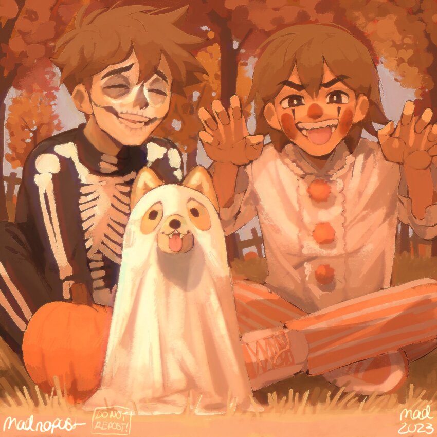 2023, 2boys, alternate_costume, artist_name, autumn_leaves, black_eyes, bright_pupils, brothers