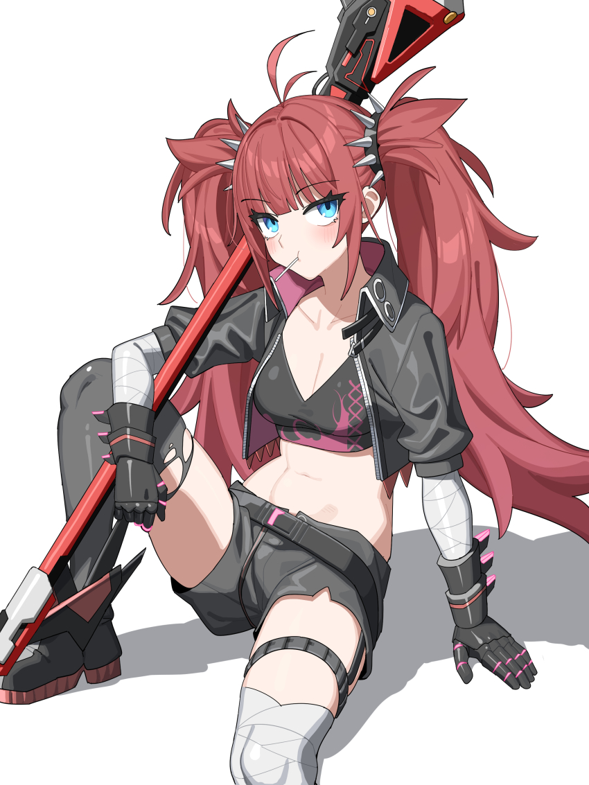 1girl, absurdres, ankle_boots, antenna_hair, arm_support, asymmetrical_legwear, bandaged_arm, bandaged_leg