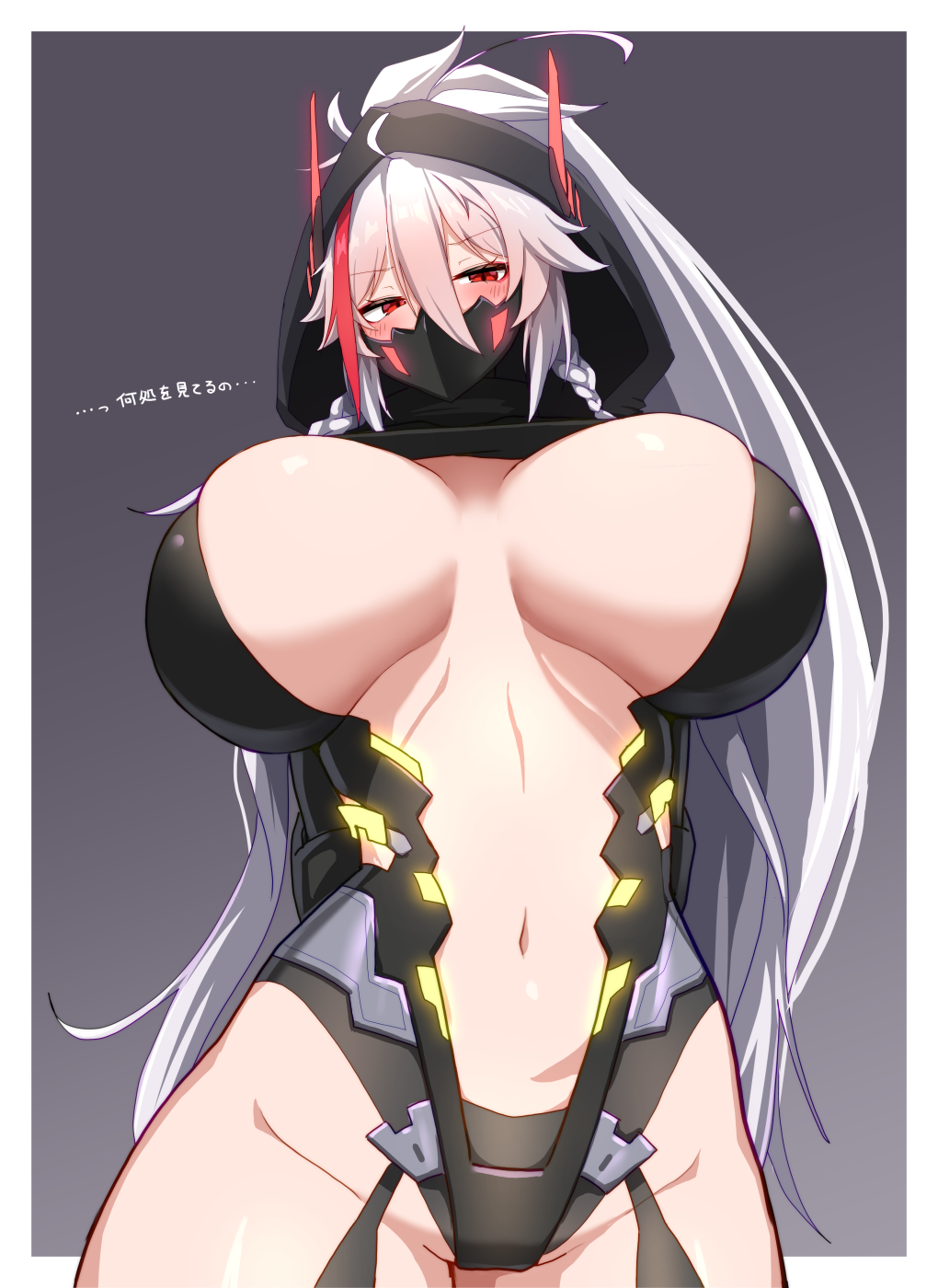 1girl, alternate_breast_size_(larger), arms_behind_back, black_leotard, black_mask, black_shrug, blush, braid