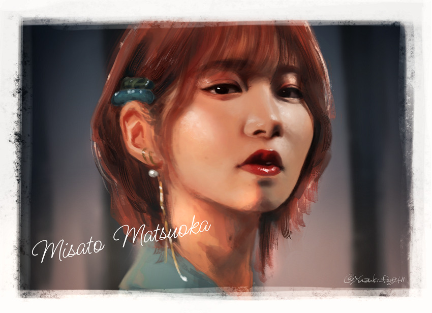 1girl, black_eyes, brown_hair, character_name, earrings, hair_ornament, hairclip, highres