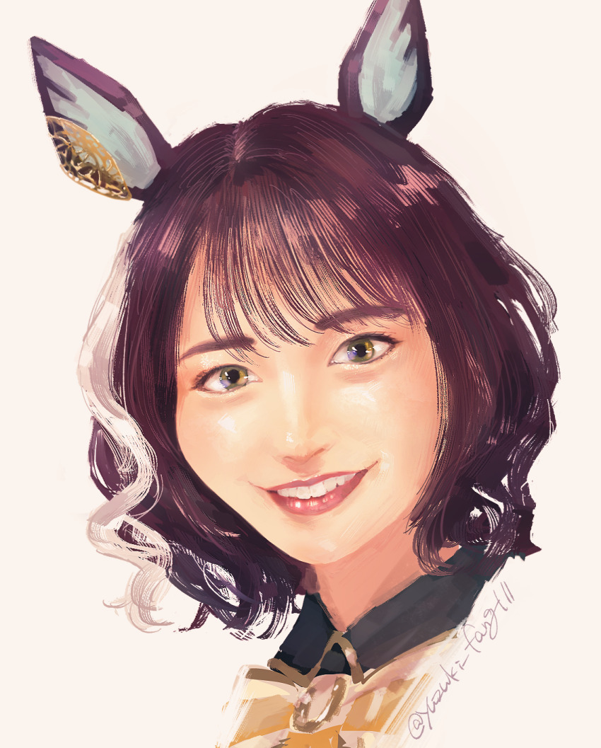 1girl, animal_ears, brown_background, highres, horse_ears, looking_at_viewer, matsuoka_misato, multicolored_hair