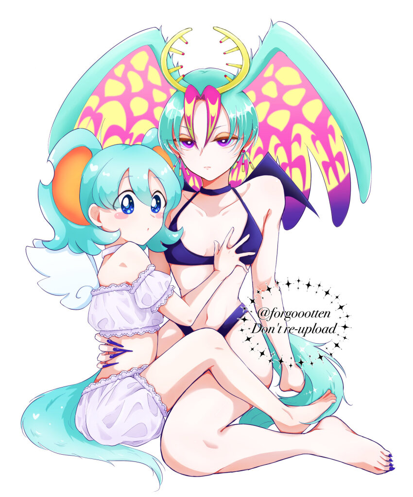 1boy, 1other, androgynous, animal_ears, aqua_hair, bikini, black_bikini, bloomers, blue_eyes, commentary_request, detached_sleeves, elfilin, fecto_elfilis, fingernails, flat_chest, highres, j0h_(j000h3), kirby_(series), kirby_and_the_forgotten_land, multiple_tails, navel, nintendo, personification, purple_eyes, sharp_fingernails, sitting, swimsuit, tail, trap, twitter_username, underwear, watermark, white_bloomers, wings