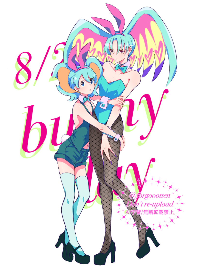 1boy, 1other, androgynous, animal_ears, aqua_bow, aqua_bowtie, aqua_hair, aqua_shorts, bare_shoulders, blue_eyes, bow, bowtie, bunny_day, commentary_request, detached_collar, elfilin, fake_animal_ears, fake_tail, fecto_elfilis, fishnet_pantyhose, fishnets, hairband, highres, j0h_(j000h3), kirby_(series), kirby_and_the_forgotten_land, leotard, navel, nintendo, pantyhose, personification, platform_heels, playboy_bunny, purple_eyes, purple_hairband, rabbit_ears, rabbit_tail, shorts, strapless, strapless_leotard, tail, thighhighs, traditional_bowtie, trap, watermark, white_thighhighs, wrist_cuffs