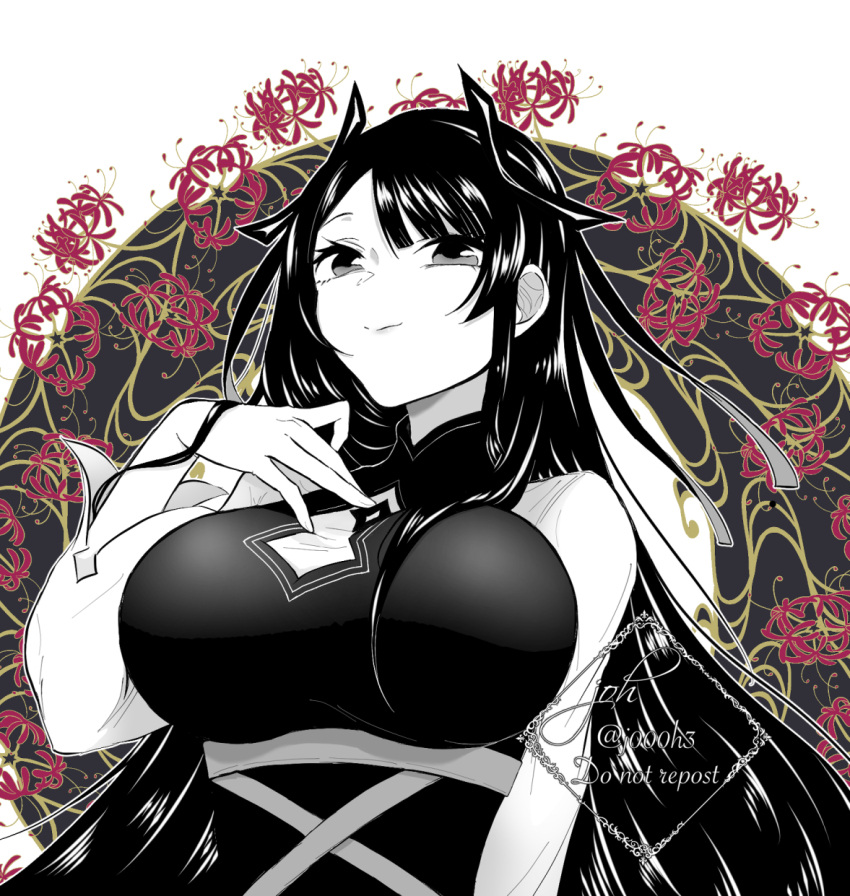 1girl, asymmetrical_bangs, breasts, commentary_request, floral_background, greyscale_with_colored_background, highres, j0h_(j000h3)