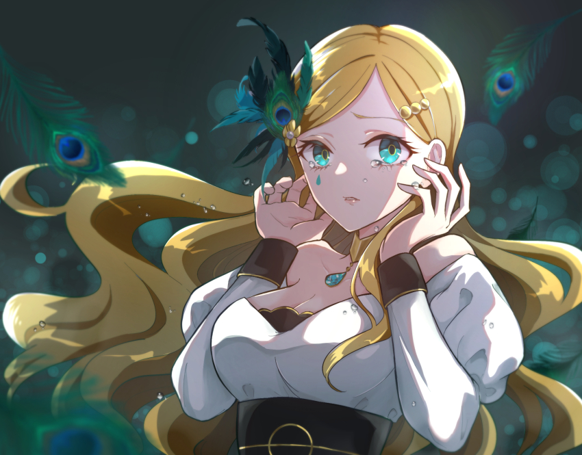 1girl, aqua_eyes, beads, blonde_hair, breasts, cleavage, commentary_request, crying