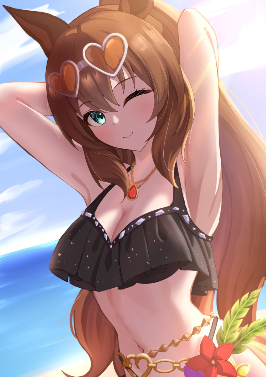 1girl, absurdres, animal_ears, aqua_eyes, armpits, arms_up, belly_chain, bikini, black_bikini, blue_sky, bracelet, breasts, brown_hair, commentary_request, day, eyewear_on_head, frilled_bikini, frills, hair_between_eyes, heart, heart-shaped_eyewear, highres, horse_ears, horse_girl, horse_tail, jewelry, long_hair, maruzensky_(hot_summer_night)_(umamusume), maruzensky_(umamusume), medium_breasts, moyashi_toufu, navel, official_alternate_costume, one_eye_closed, open_mouth, outdoors, sky, smile, solo, sunglasses, swimsuit, tail, tinted_eyewear, umamusume, upper_body, very_long_hair, white-framed_eyewear, yellow-tinted_eyewear