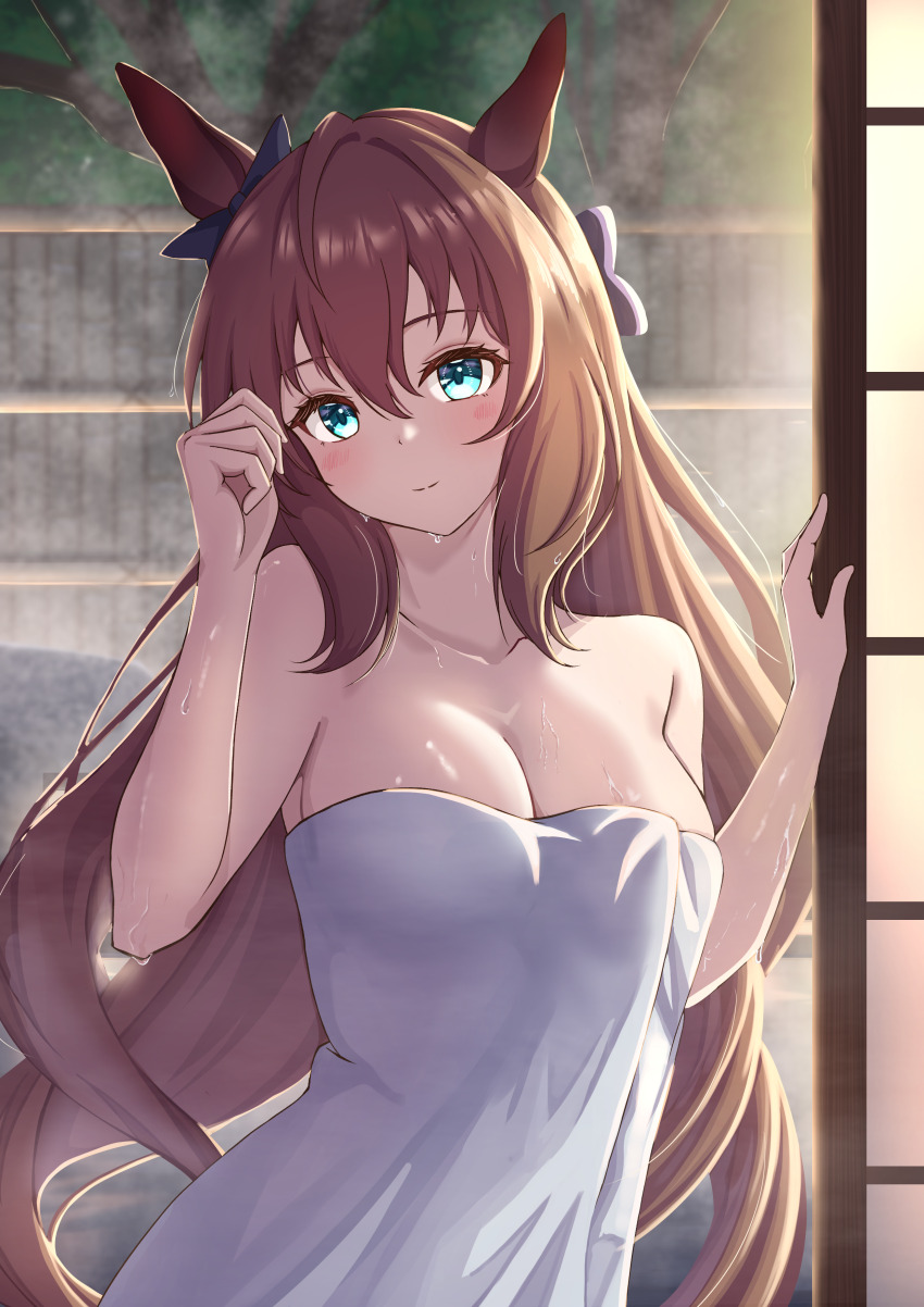 1girl, absurdres, animal_ears, aqua_eyes, bare_shoulders, bow, breasts, brown_hair