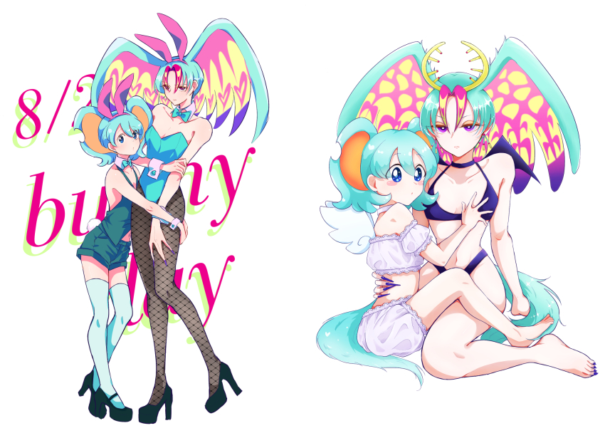 1boy, 1other, androgynous, animal_ears, aqua_bow, aqua_bowtie, aqua_hair, aqua_shorts, bare_shoulders, bikini, black_bikini, bloomers, blue_eyes, bow, bowtie, bunny_day, commentary_request, detached_collar, detached_sleeves, elfilin, fake_animal_ears, fake_tail, fecto_elfilis, fingernails, fishnet_pantyhose, fishnets, flat_chest, hairband, highres, j0h_(j000h3), kirby_(series), kirby_and_the_forgotten_land, leotard, multiple_tails, navel, nintendo, pantyhose, personification, platform_heels, playboy_bunny, purple_eyes, purple_hairband, rabbit_ears, rabbit_tail, sharp_fingernails, shorts, sitting, strapless, strapless_leotard, swimsuit, tail, thighhighs, traditional_bowtie, trap, twitter_username, underwear, white_bloomers, white_thighhighs, wings, wrist_cuffs