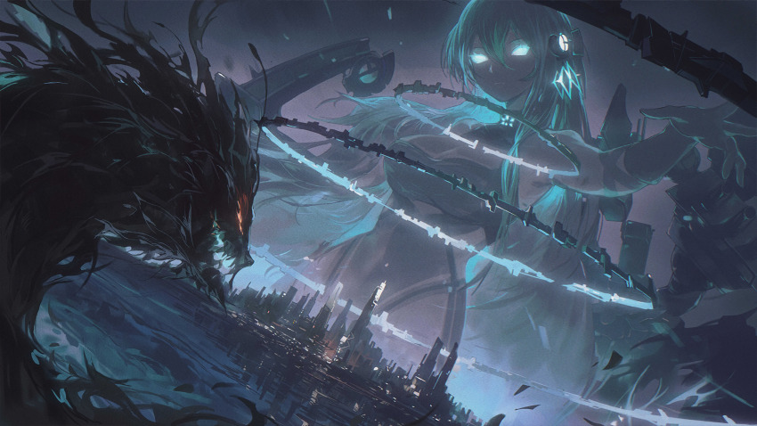 1girl, azur_lane, blue_hair, city, city_lights, fighting, game_cg, glowing