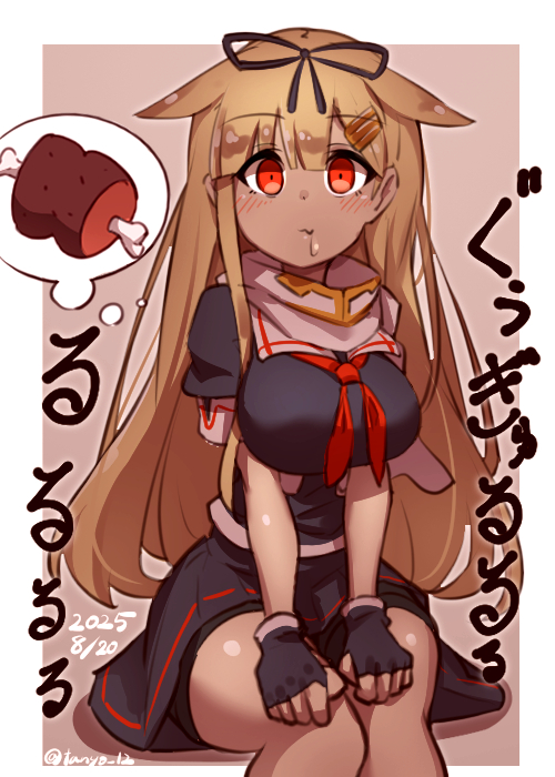 1girl, bike_shorts, bike_shorts_under_skirt, black_gloves, black_ribbon, black_serafuku, black_skirt, blonde_hair