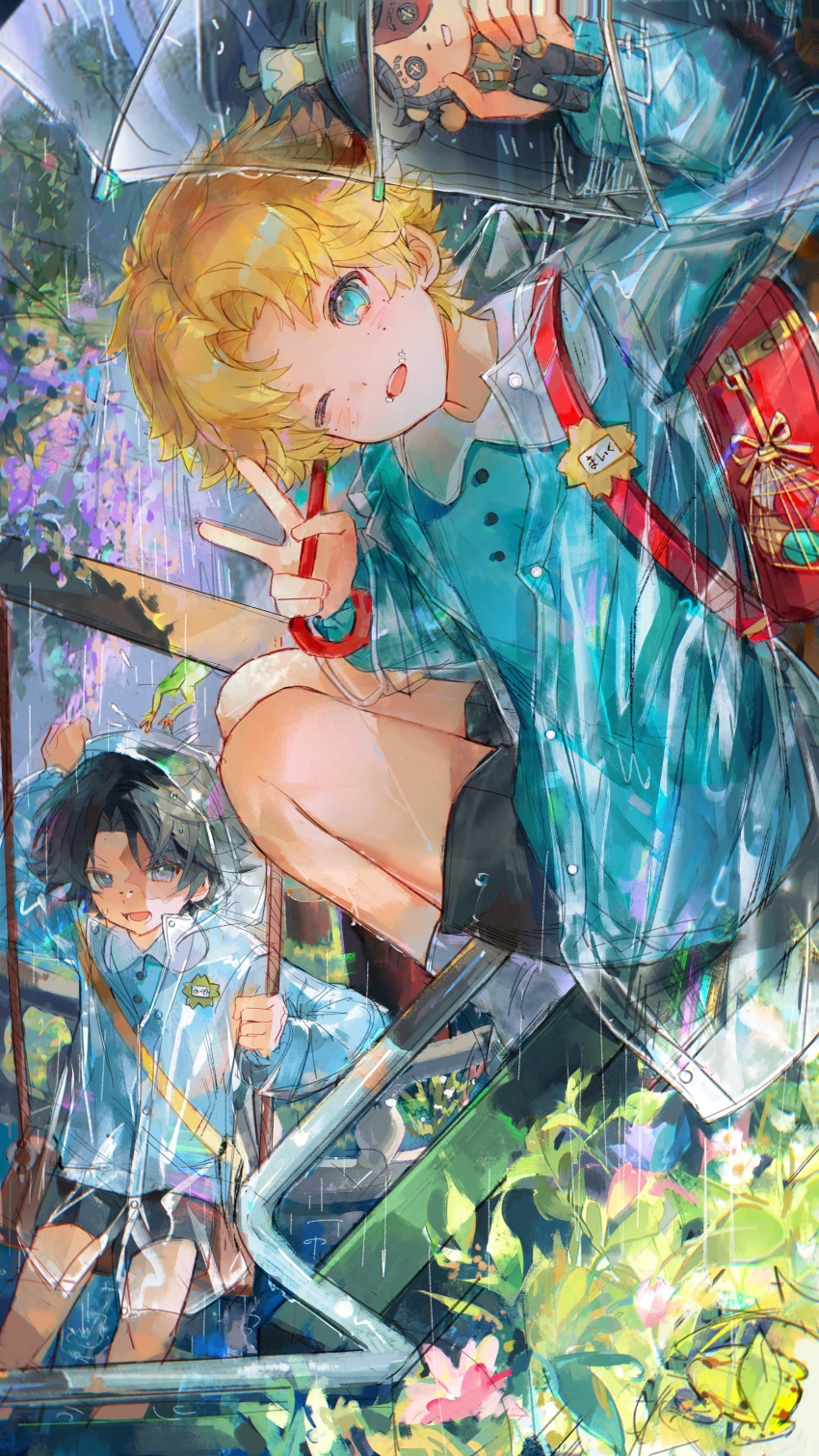 2boys, absurdres, aged_down, backpack, bag, black_hair, blonde_hair, blue_eyes, freckles, highres, holding, holding_umbrella, identity_v, light_blush, male_focus, mike_morton, multiple_boys, norton_campbell, one_eye_closed, plant, raincoat, red_bag, scar, scar_on_face, see-through_clothes, see-through_raincoat, shorts, squatting, thighs, transparent, transparent_umbrella, umbrella, v, xiaomianduoshao