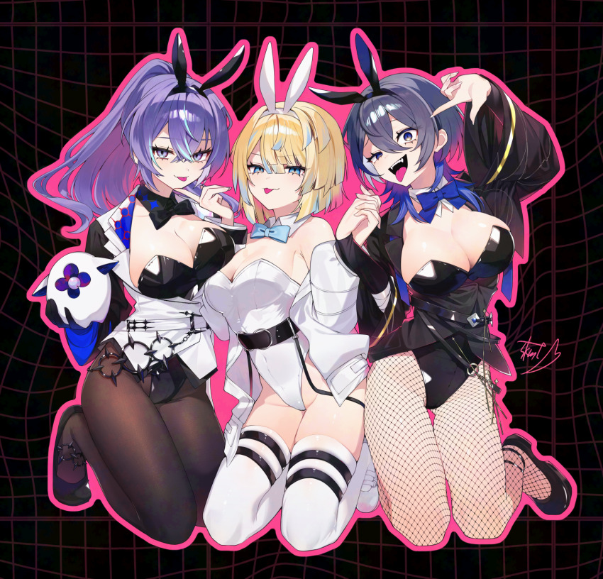 3girls, :p, animal_ears, black_background, black_bow, black_bowtie, black_hair, black_jacket, black_leotard, black_shoes, blonde_hair, blue_bow, blue_bowtie, blue_hair, bow, bowtie, breasts, brown_pantyhose, commentary_request, detached_collar, fake_animal_ears, fangs, fishnet_pantyhose, fishnets, full_body, genderswap, genderswap_(mtf), grid_background, hand_on_another's_chin, hibachi_mana, highleg, highleg_leotard, highres, hoshirube_sho, jacket, koyanagi_rou, large_breasts, leotard, long_hair, long_sleeves, multicolored_hair, multiple_girls, nijisanji, otomo_(hoshirube_sho), outline, pantyhose, pink_background, playboy_bunny, pointing, pointing_at_self, purple_hair, rabbit_ears, shoes, short_hair, signature, simple_background, skindentation, streaked_hair, thighhighs, tongue, tongue_out, tyazakura_sayu, virtual_youtuber, white_jacket, white_leotard, white_shoes, white_thighhighs
