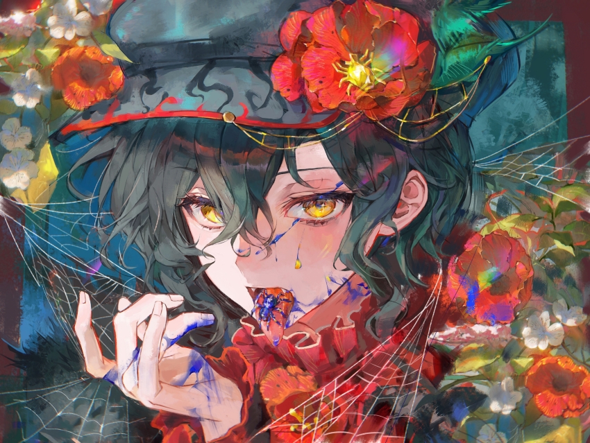 1boy, absurdres, androgynous, black_hair, black_hat, blue_liquid, bug, edgar_valden, edgar_valden_(multicolor_printing), fangs, flower, frills, hair_between_eyes, hat, highres, identity_v, looking_at_viewer, male_focus, official_alternate_costume, red_flower, silk, solo, spider, spider_ornament, spider_web, tongue, tongue_out, wavy_hair, xiaomianduoshao, yellow_eyes
