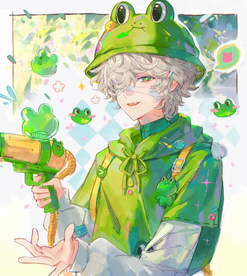 1boy, absurdres, bandage_over_one_eye, bandaged_head, bandages, blonde_hair, fang, florian_brand, florian_brand_(leonard), frog_hat, green_eyes, green_hoodie, hair_over_one_eye, highres, holding, holding_water_gun, hood, hoodie, identity_v, looking_at_viewer, male_focus, water_gun, wavy_hair, xiaomianduoshao