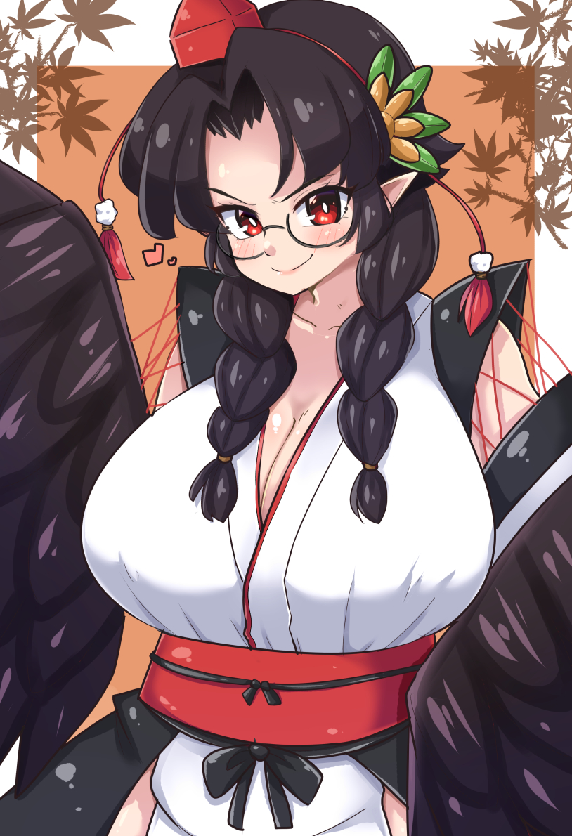 1girl, alternate_breast_size_(larger), black_feathers, black_hair, black_wings, blush, braid, breasts
