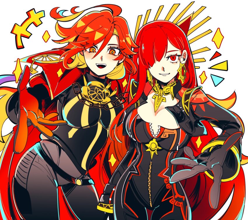 2girls, black_bodysuit, black_pants, bodysuit, breasts, cosplay, costume_switch, earrings