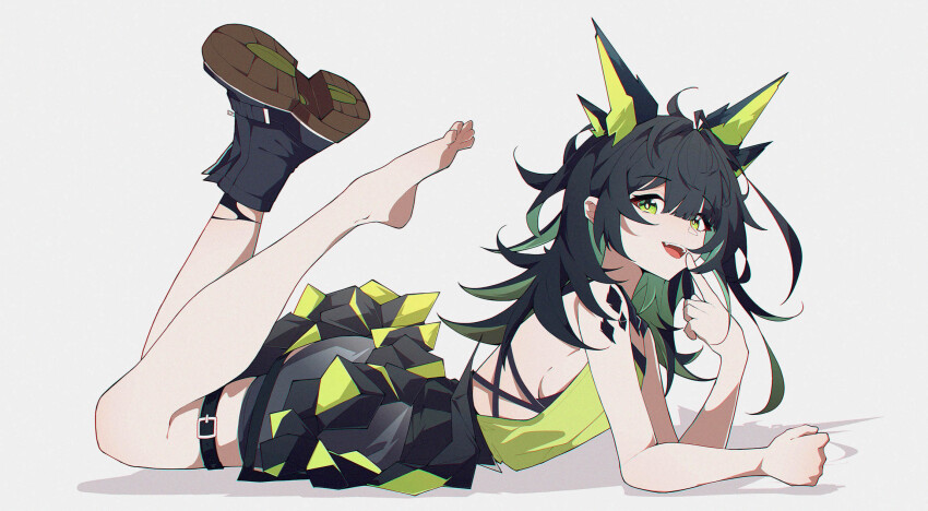 1girl, animal_ears, arknights, bare_arms, barefoot, black_boots, black_hair, black_shorts
