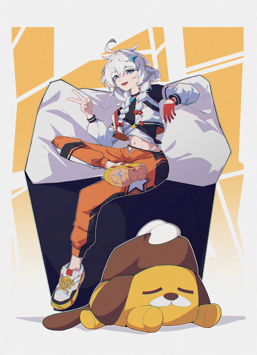 1girl, ahoge, antenna_hair, black_choker, black_jacket, black_pants, black_shirt, black_shoes, blue_eyes, braid, choker, commentary, creature, crop_top, cropped_jacket, cropped_shirt, diamond-shaped_pupils, diamond_(shape), dog, gloves, grin, hair_ornament, highres, honkai:_nexus_anima, honkai_(series), jacket, kiana_kaslana, kiana_kaslana_(honkai:_nexus_anima), long_hair, long_sleeves, looking_at_viewer, midriff, multicolored_eyes, multicolored_jacket, multicolored_pants, multicolored_shirt, multicolored_shoes, navel, open_mouth, orange_pants, pants, postalworks, puddlipup_(honkai:_nexus_anima), purple_eyes, red_gloves, red_jacket, shirt, shoes, sidelocks, simple_background, single_glove, sitting, smile, sneakers, solo, star_(symbol), star_hair_ornament, symbol-shaped_pupils, teeth, twin_braids, two-tone_shirt, upper_teeth_only, v, white_background, white_hair, white_jacket, white_pants, white_shirt, white_shoes, yellow_background, yellow_shoes