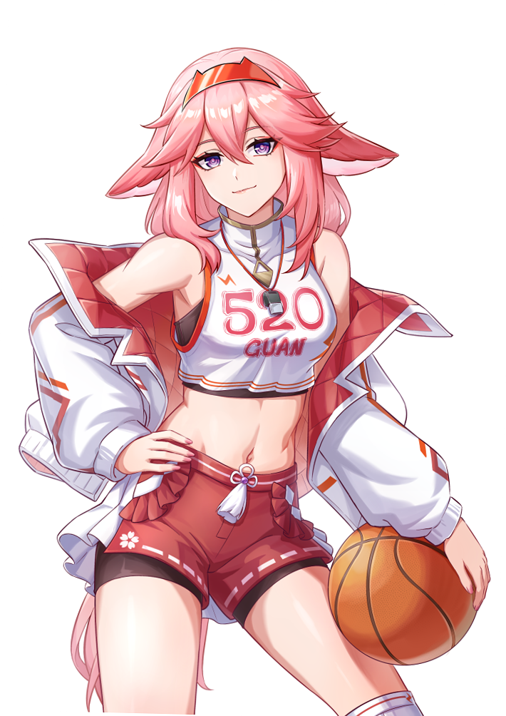 1girl, animal_ears, ball, basketball, basketball_(object), basketball_uniform, blush, breasts, closed_mouth, crop_top, fox_ears, fox_girl, genshin_impact, hand_on_own_hip, holding, holding_ball, jacket, kan_(zwssg), long_hair, medium_breasts, navel, official_alternate_costume, pink_hair, pink_nails, purple_eyes, red_shorts, shirt, shorts, sleeveless, sleeveless_shirt, smile, solo, sportswear, stomach, very_long_hair, white_jacket, yae_miko, yae_miko_(pulse+)