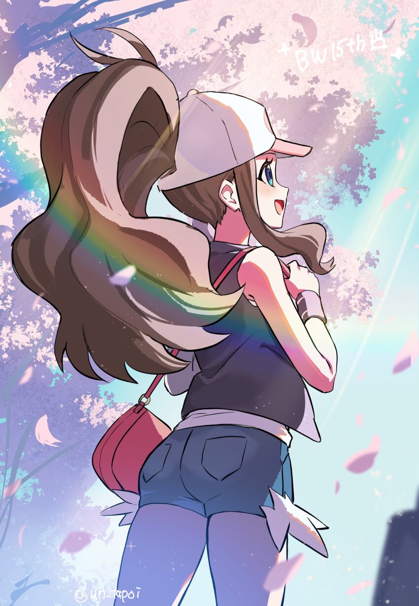 1girl, :d, aqua_eyes, black_vest, brown_hair, commentary, day, exposed_pocket, falling_petals, happy, hat, highres, hilda_(pokemon), holding_strap, long_hair, looking_up, nintendo, open_mouth, outdoors, petals, pink_bag, pokemon, pokemon_black_and_white, ponytail, shirt, shorts, sidelocks, sky, sleeveless, sleeveless_shirt, smile, solo, untranslatable_commentary, tree, twitter_username, un_tapoi, vest, white_hat, white_shirt, wristband