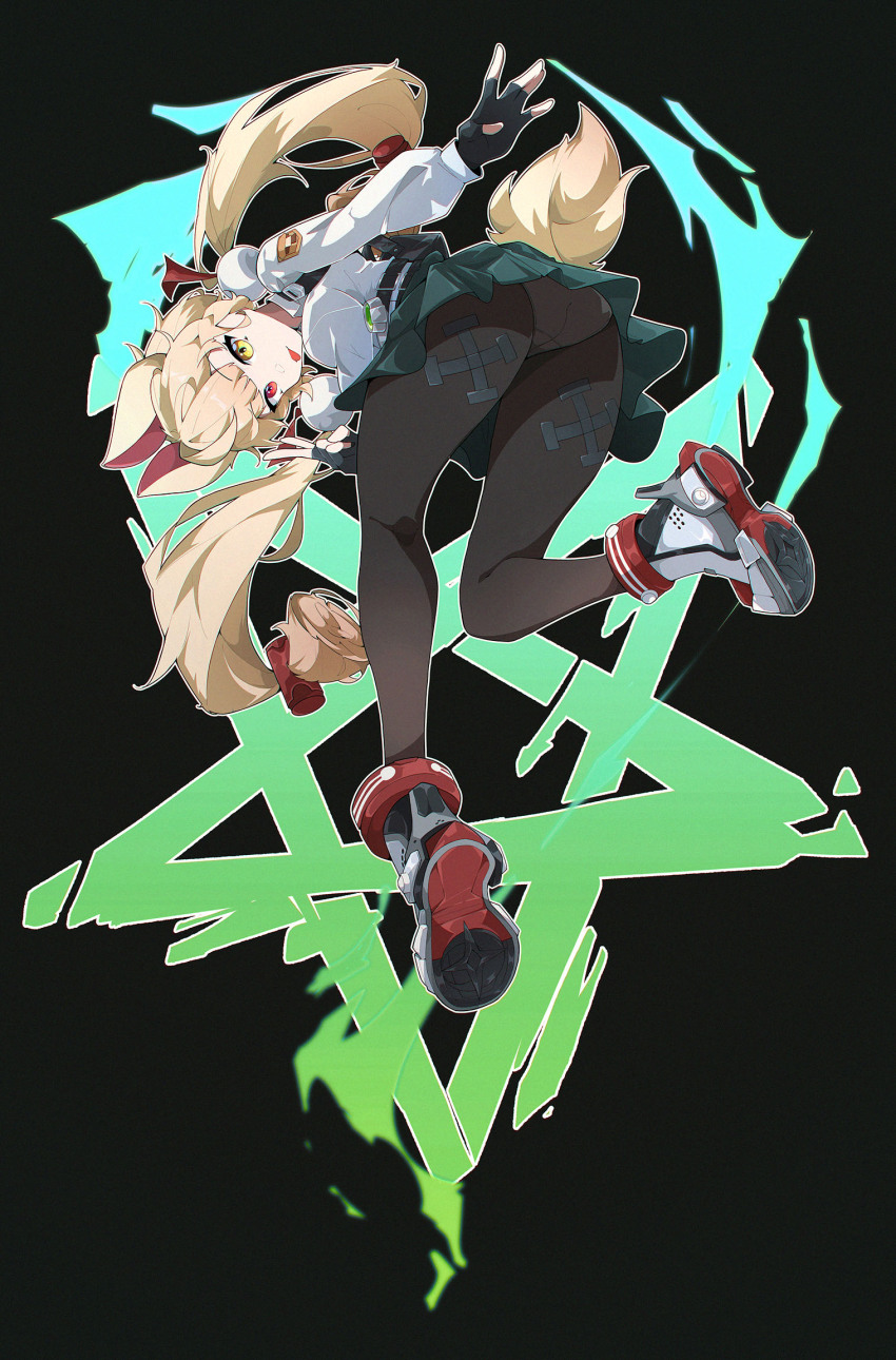 1girl, alice_thymefield, animal_ears, black_background, black_gloves, black_pantyhose, black_shoes, blonde_hair