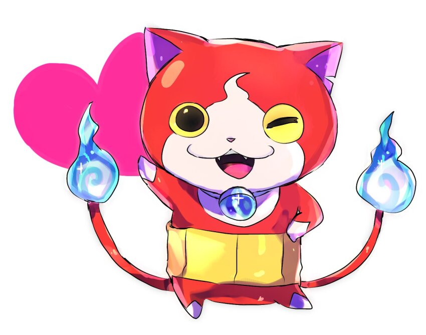 blue_fire, fire, flame-tipped_tail, haramaki, heart, jibanyan, looking_at_viewer, multiple_tails