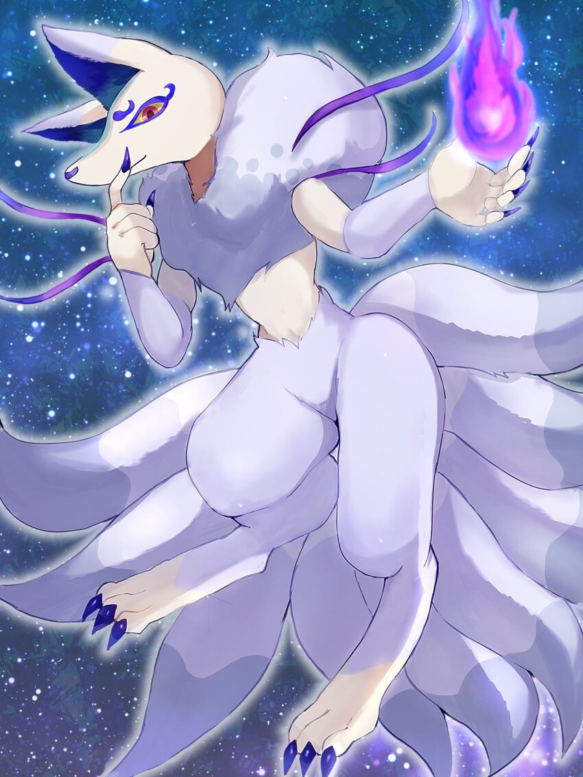 blue_nails, colored_sclera, fingernails, fire, fox_tail, full_body, grey_fur, highres