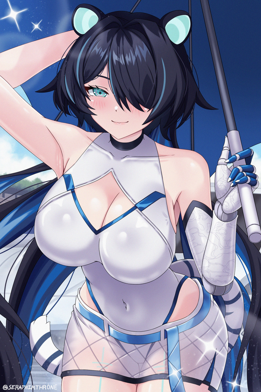 1girl, animal_ears, aqua_eyes, arm_behind_head, armpits, artist_name, bare_shoulders, belt