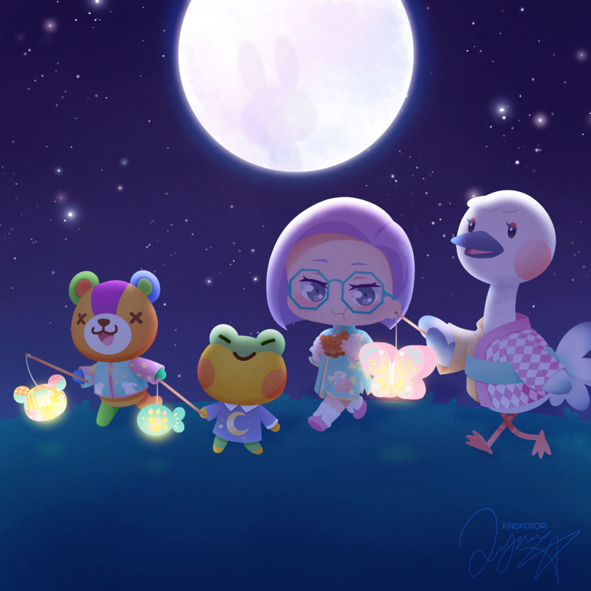 2boys, 2girls, animal_crossing, bear, bear_boy, bird_girl, blanche_(animal_crossing), china_dress