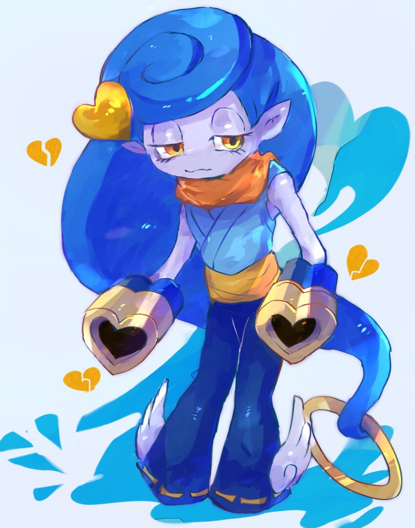 1boy, blue_hair, blue_pants, broken_heart, colored_skin, grey_skin, heart, highres