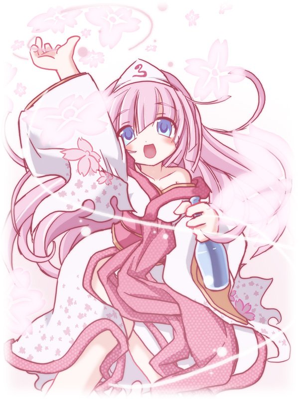 1girl, arm_up, blue_eyes, bottle, breasts, cherry_blossoms, eco_oinarisan, emil_chronicle_online