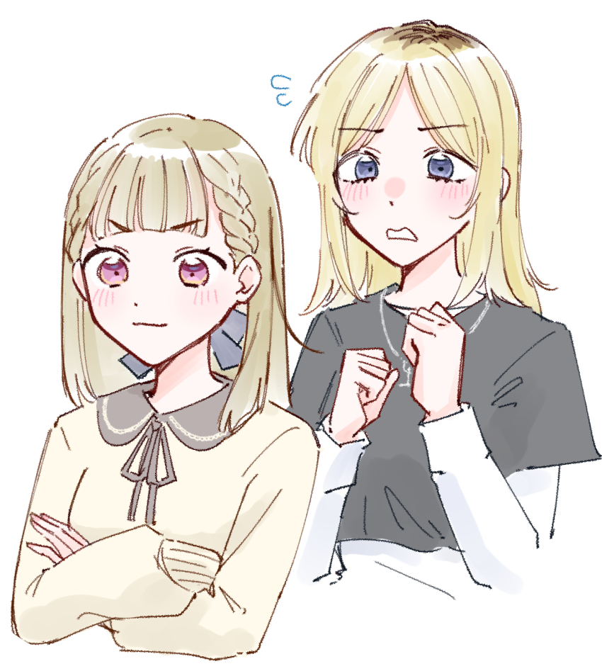 2girls, black_hair, black_shirt, blonde_hair, brown_hair, collared_shirt, contrast_collar, cropped_torso