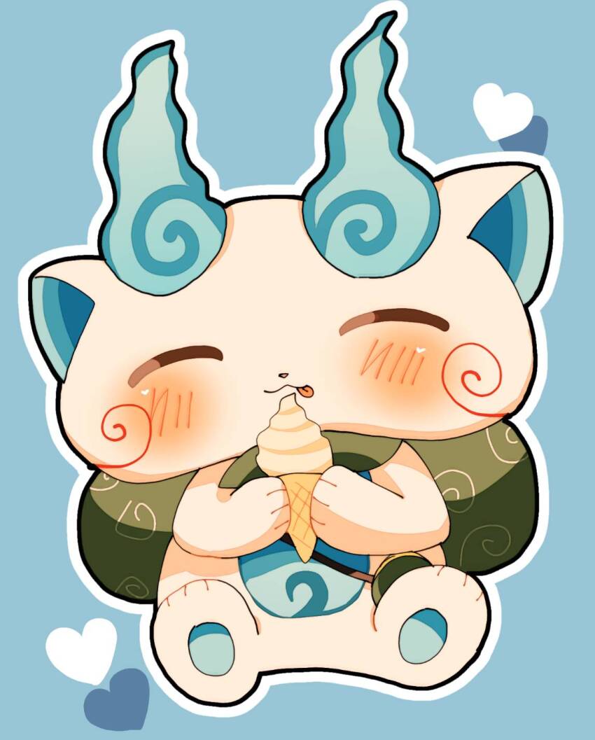 blue_background, blush, bokarosuki13, closed_eyes, heart, highres, holding, holding_ice_cream_cone, ice_cream_cone, komasan, no_humans, outline, simple_background, sitting, solo, tongue, tongue_out, white_fur, white_outline, youkai_(youkai_watch), youkai_watch