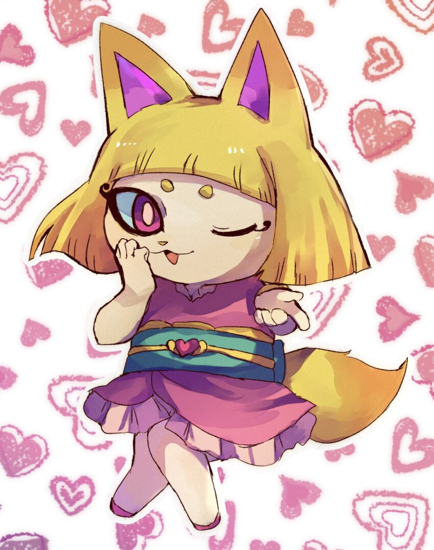 1girl, blonde_hair, dress, fox_girl, fox_tail, full_body, heart, heart_background, highres, kon-tan, looking_at_viewer, one_eye_closed, open_mouth, pink_dress, red_eyes, sleeveless, sleeveless_dress, solo, tail, umeyoukan_hn43, youkai_(youkai_watch), youkai_watch