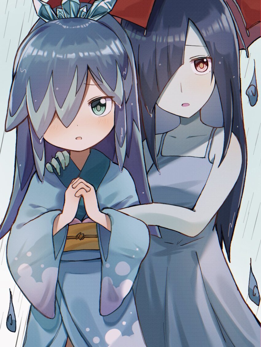 2girls, alternate_hairstyle, ameonna_(youkai_watch), blue_dress, blue_eyes, blue_hair, blue_kimono, dress