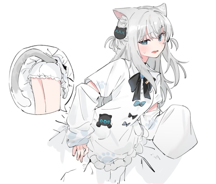 1girl, animal_ears, black_bow, bloomers, blue_eyes, bow, cat_ears, cat_girl
