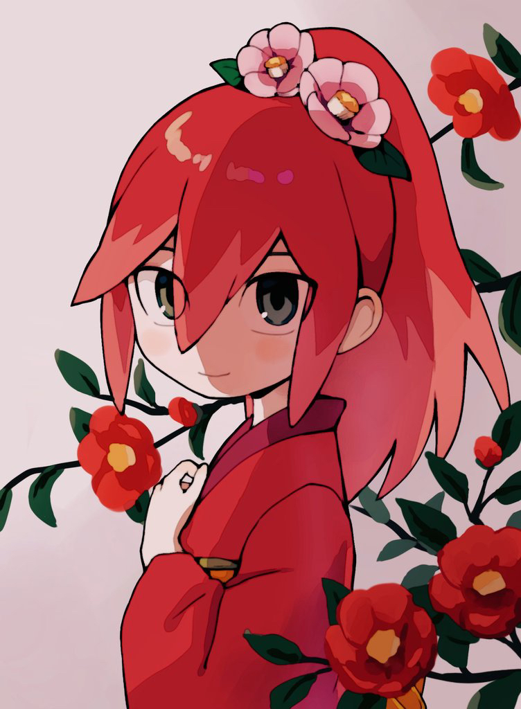 1girl, flower, green_eyes, grey_background, hair_flower, hair_ornament, japanese_clothes, kimono, long_hair, looking_at_viewer, pink_flower, red_flower, red_hair, red_kimono, simple_background, solo, tsubakihime_(youkai_watch), upper_body, yachiruuun, youkai_(youkai_watch), youkai_watch