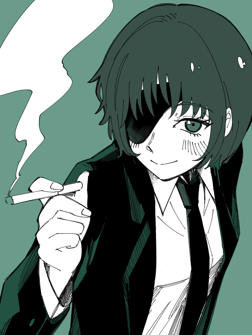 1girl, black_jacket, black_necktie, chainsaw_man, choppy_bangs, cigarette, closed_mouth, collared_shirt, commentary_request, eyepatch, green_background, green_eyes, green_hair, hand_up, highres, himeno_(chainsaw_man), holding, holding_cigarette, itsumeee3, jacket, long_sleeves, looking_at_viewer, necktie, one_eye_covered, open_clothes, open_jacket, shirt, short_hair, simple_background, sketch, smile, smoke, smoking, solo, upper_body, white_shirt