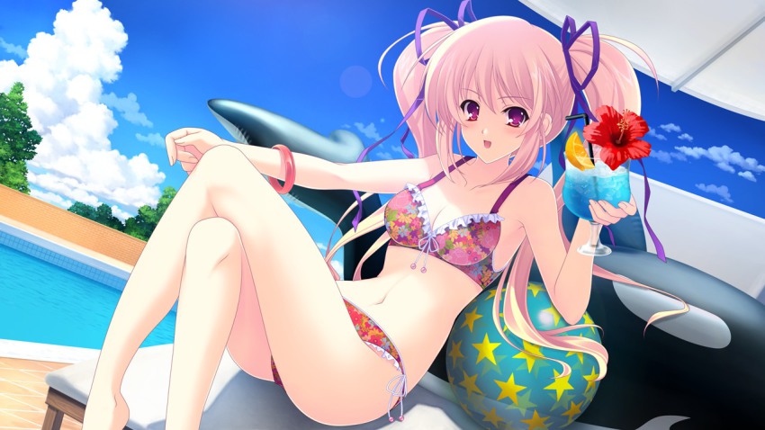 1girl, ball, bare_legs, beachball, bikini, bracelet, cloud, crossed_legs