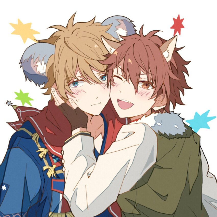 2boys, aki_no_mori_(ensemble_stars!), animal_ear_fluff, animal_ears, blue_eyes, blush, brown_eyes, brown_gloves