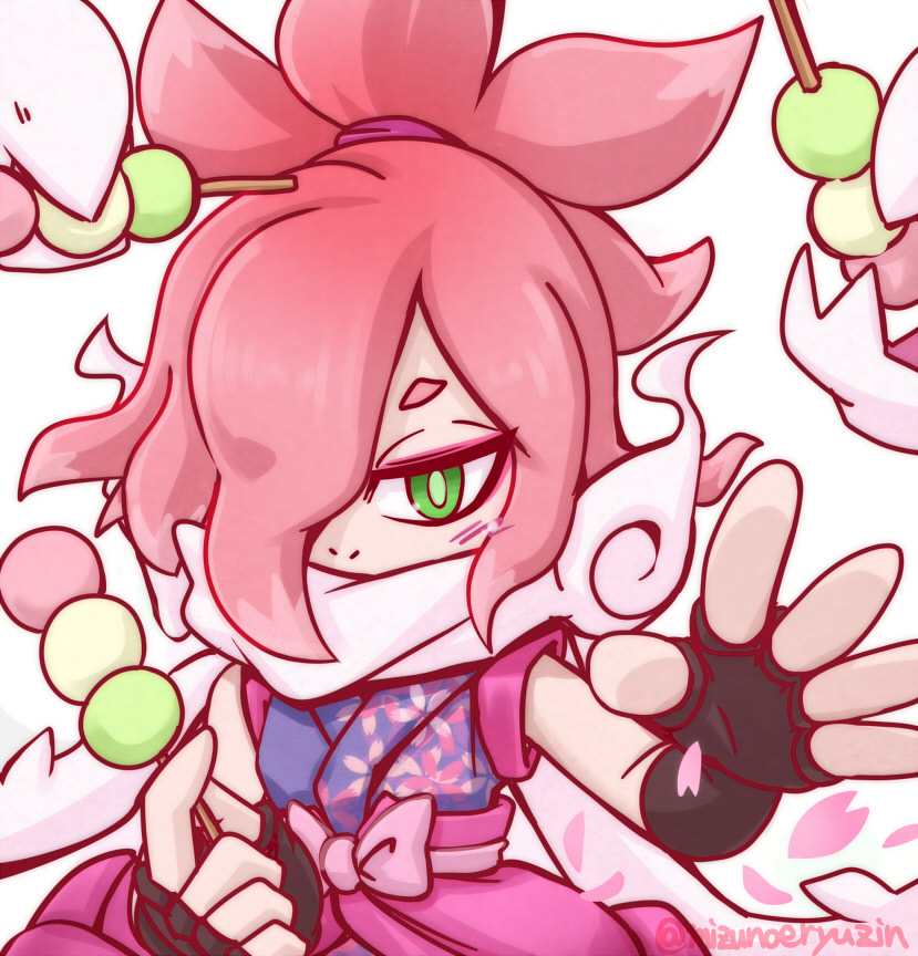 1boy, dango, fingerless_gloves, food, glasses, gloves, green_eyes, hair_over_one_eye