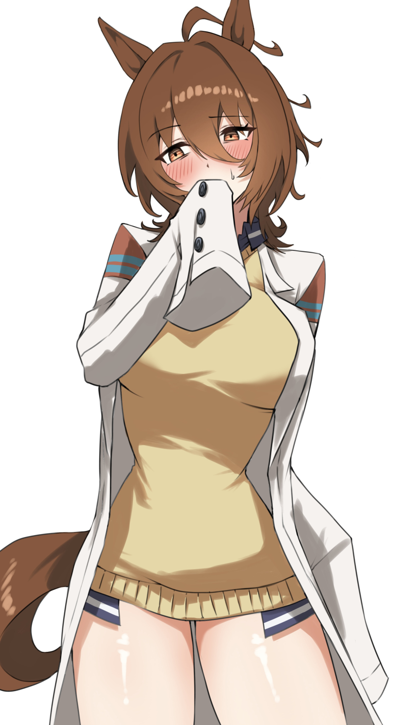 1girl, absurdres, agnes_tachyon_(tach-nology)_(umamusume), agnes_tachyon_(umamusume), animal_ears, anok7456, breasts, brown_eyes, brown_hair, hair_between_eyes, highres, horse_ears, horse_tail, lab_coat, large_breasts, short_hair, sleeves_past_fingers, sleeves_past_wrists, solo, standing, sweater_vest, tail, thighs, umamusume, yellow_sweater_vest