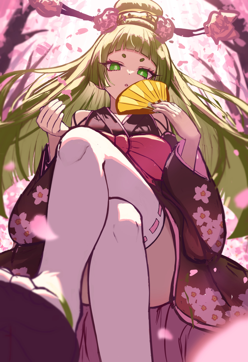 1girl, absurdres, crossed_legs, green_eyes, green_hair, hand_fan, highres, japanese_clothes, kimono, long_hair, looking_at_viewer, sandals, solo, thighhighs, tingin_ee, white_thighhighs, yamaokami, youkai_(youkai_watch), youkai_watch