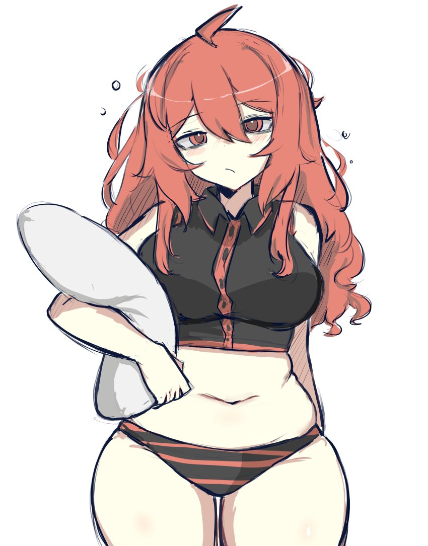 1girl, absurdres, ahoge, bare_shoulders, black_panties, black_shirt, blush, breasts