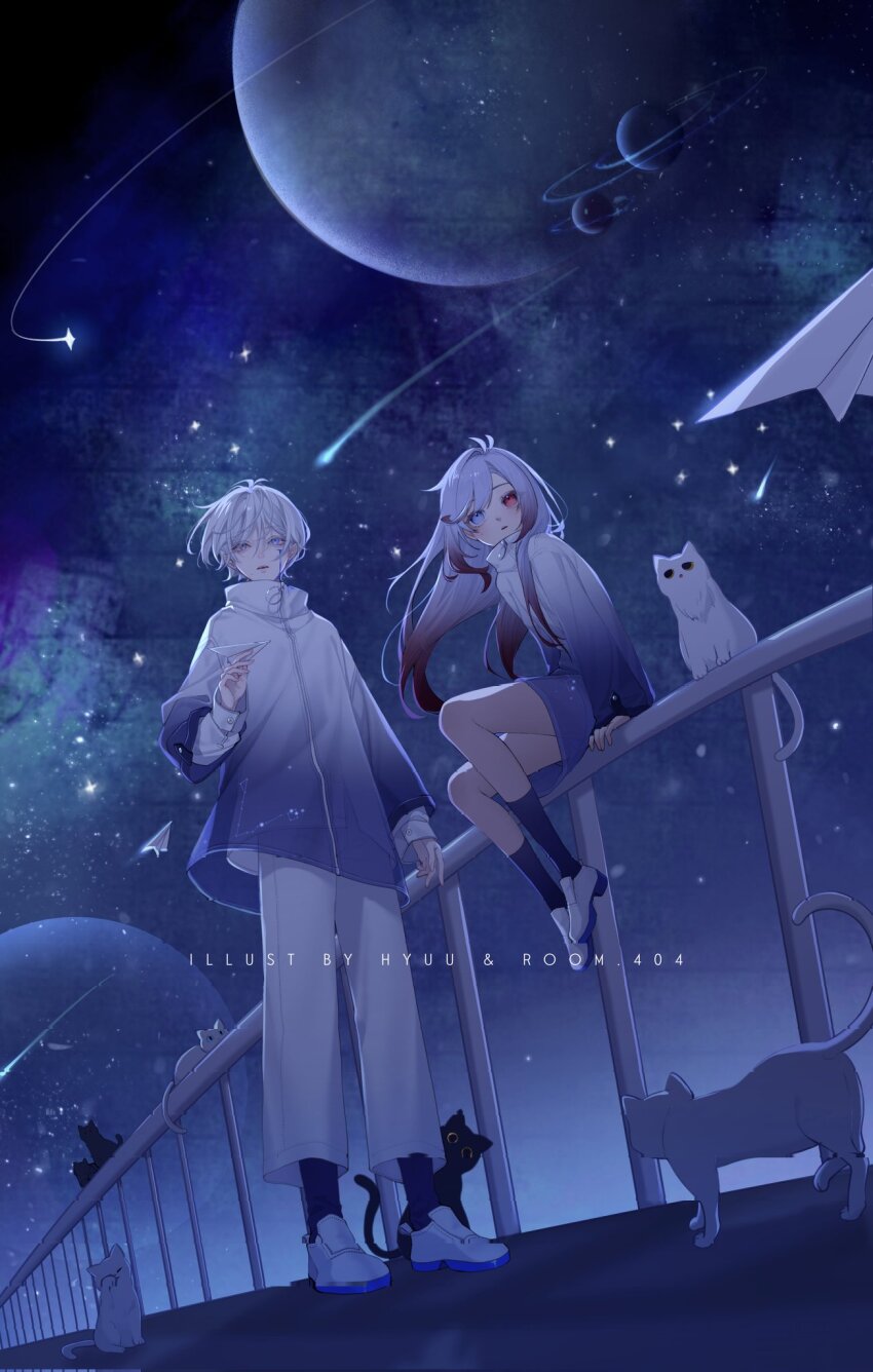 1boy, 1girl, artist_collaboration, black_socks, blue_eyes, cat, coat, commentary