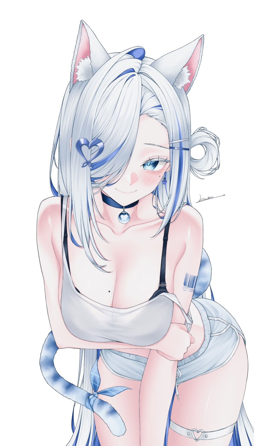 1girl, animal_ears, arm_under_breasts, barcode, barcode_tattoo, bare_arms, bare_shoulders, bent_over, black_choker, blue_eyes, bra_strap, breasts, camisole, cat_ears, cat_girl, cat_tail, choker, cleavage, closed_mouth, collarbone, commentary, cowboy_shot, crop_top, dolphin_shorts, ging_nari, hair_over_one_eye, hair_rings, heart, heart_o-ring, highres, indie_virtual_youtuber, large_breasts, long_hair, looking_at_viewer, micro_shorts, midriff, mole, mole_on_breast, mole_under_eye, multicolored_hair, o-ring, ribbon, shirt, shorts, simple_background, single_hair_ring, sleeveless, sleeveless_shirt, smile, solo, spaghetti_strap, strap_slip, streaked_hair, tail, tail_ornament, tail_ribbon, tattoo, thigh_strap, thighs, very_long_hair, vini_(frisco), virtual_youtuber, white_background, white_hair, white_shirt, white_shorts