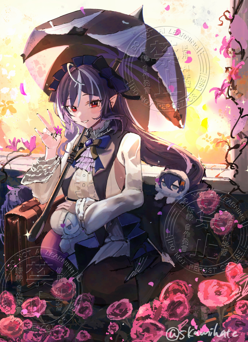 1girl, ascot, belle_(zenless_zone_zero), black_nails, black_pantyhose, blush, bow, bowtie, breast_curtains, falling_petals, flower, fyly0927, gem, hairband, highres, holding, holding_flower, looking_at_viewer, mole, mole_under_eye, pantyhose, petals, pointy_ears, purple_ascot, purple_bow, purple_bowtie, purple_gem, purple_hair, purple_hairband, purple_umbrella, red_eyes, shrug_(clothing), sideboob_cutout, smile, solo, sparkle, stuffed_toy, suitcase, teeth, umbrella, vivian_banshee, white_shrug, wise_(zenless_zone_zero), zenless_zone_zero