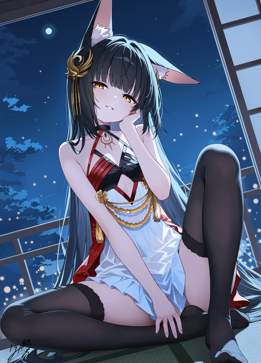 1girl, animal_ears, azur_lane, bare_shoulders, black_thighhighs, blush, breasts, clothing_cutout